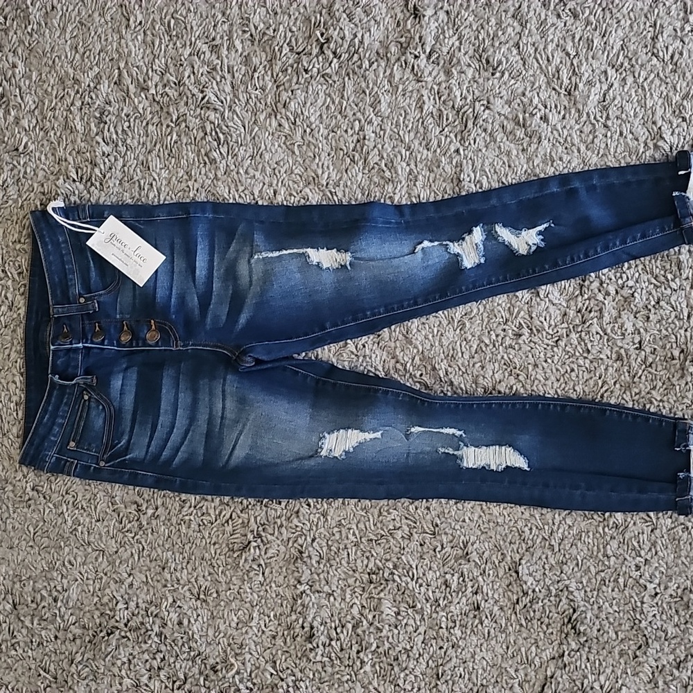 Grace & Lace Dark Blue Distressed  Jeans, 6
